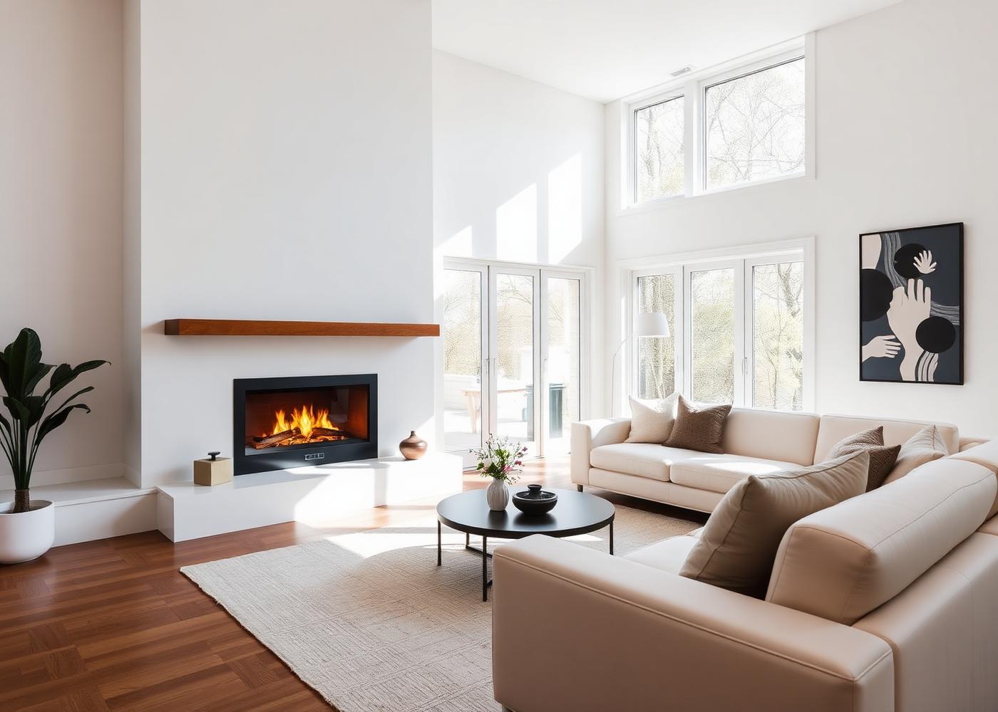 Bright modern living room with a clean lit fireplace
